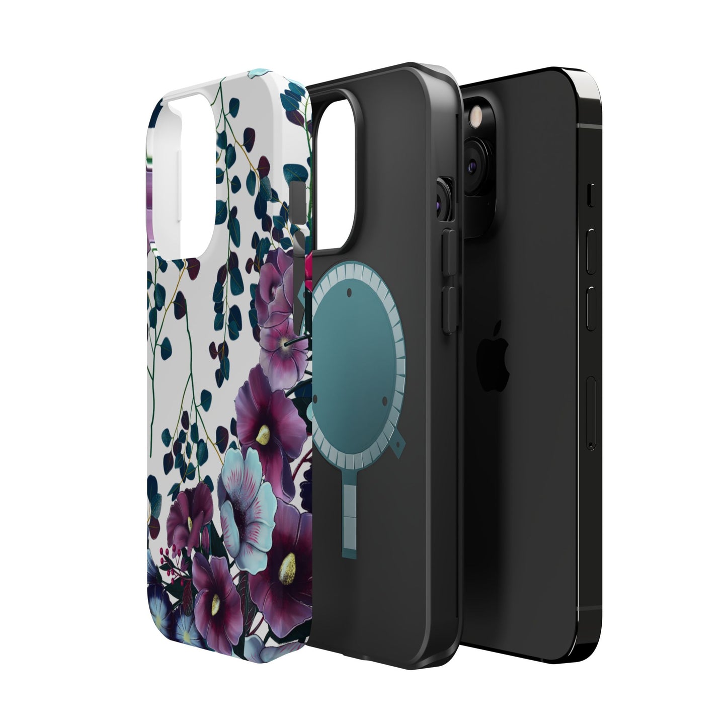Moody Purple & Teal Floral MagSafe iPhone Series Case – Elegant Botanical Design