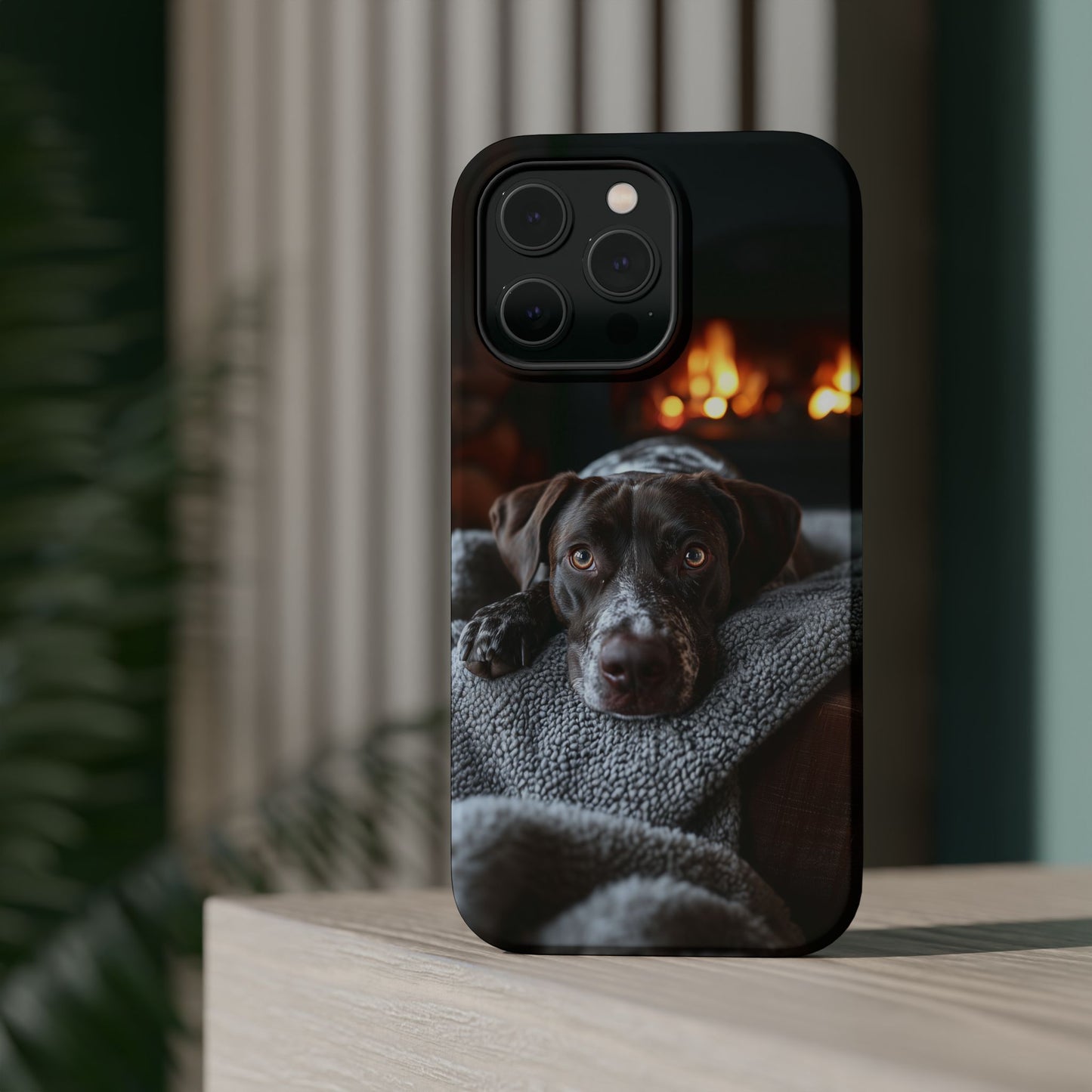 Cozy German Shorthaired Pointer MagSafe iPhone Case – Rustic Fireplace Protective Cover