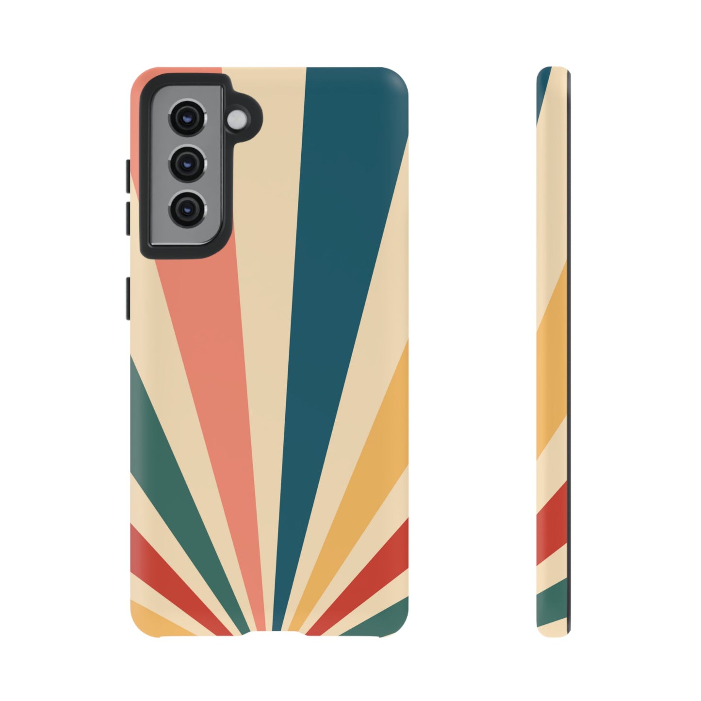 Retro Sunbeam Samsung Galaxy Case – 70s-Inspired Radiating Stripes in Coral, Teal, and Mustard