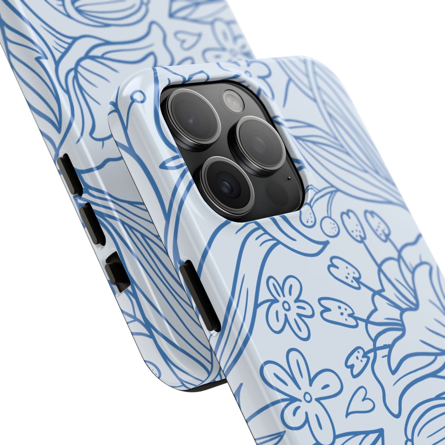Dusty Blue Floral Line Art Tough iPhone Case – Minimalist Botanical Design with Dual-Layer Protection