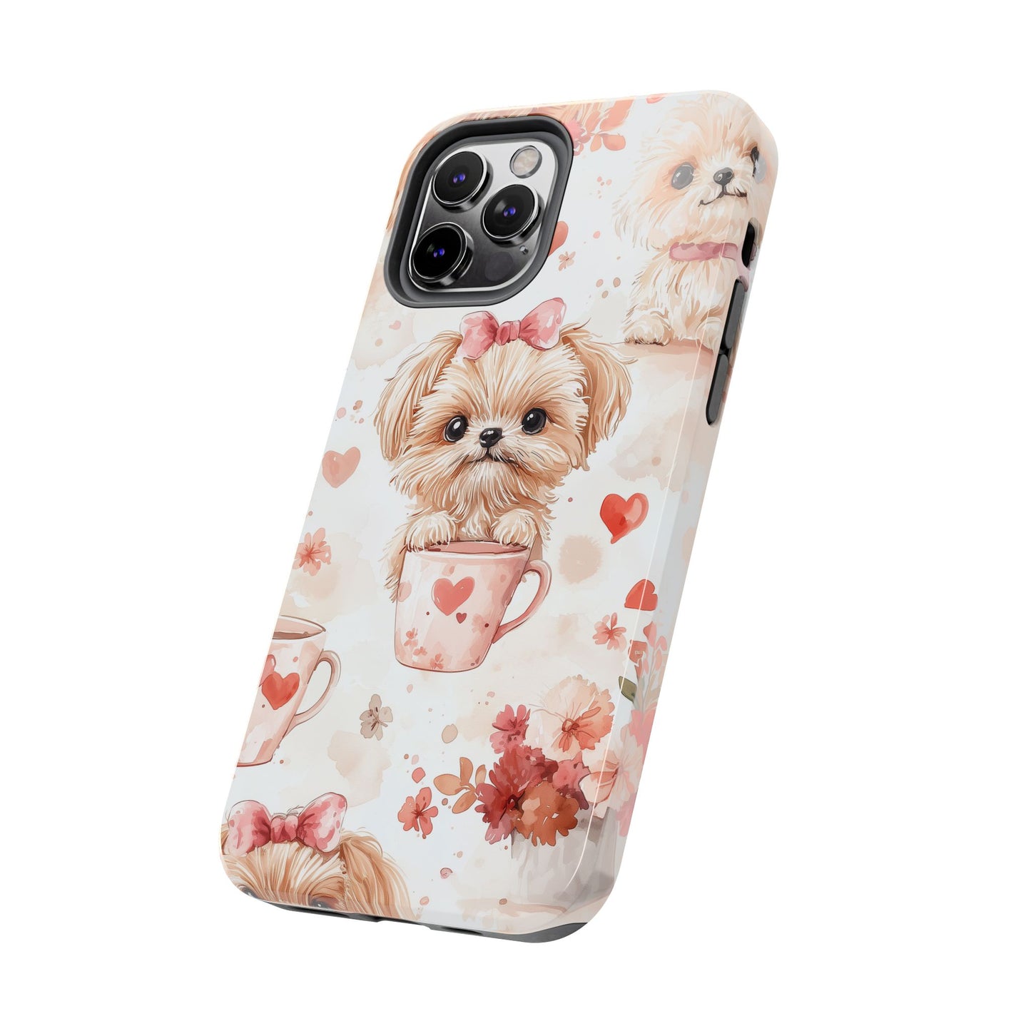 Puppies & Heart Mugs iPhone Case – Sweet Dog & Floral Design, Shockproof & Slim - BOGO Cases