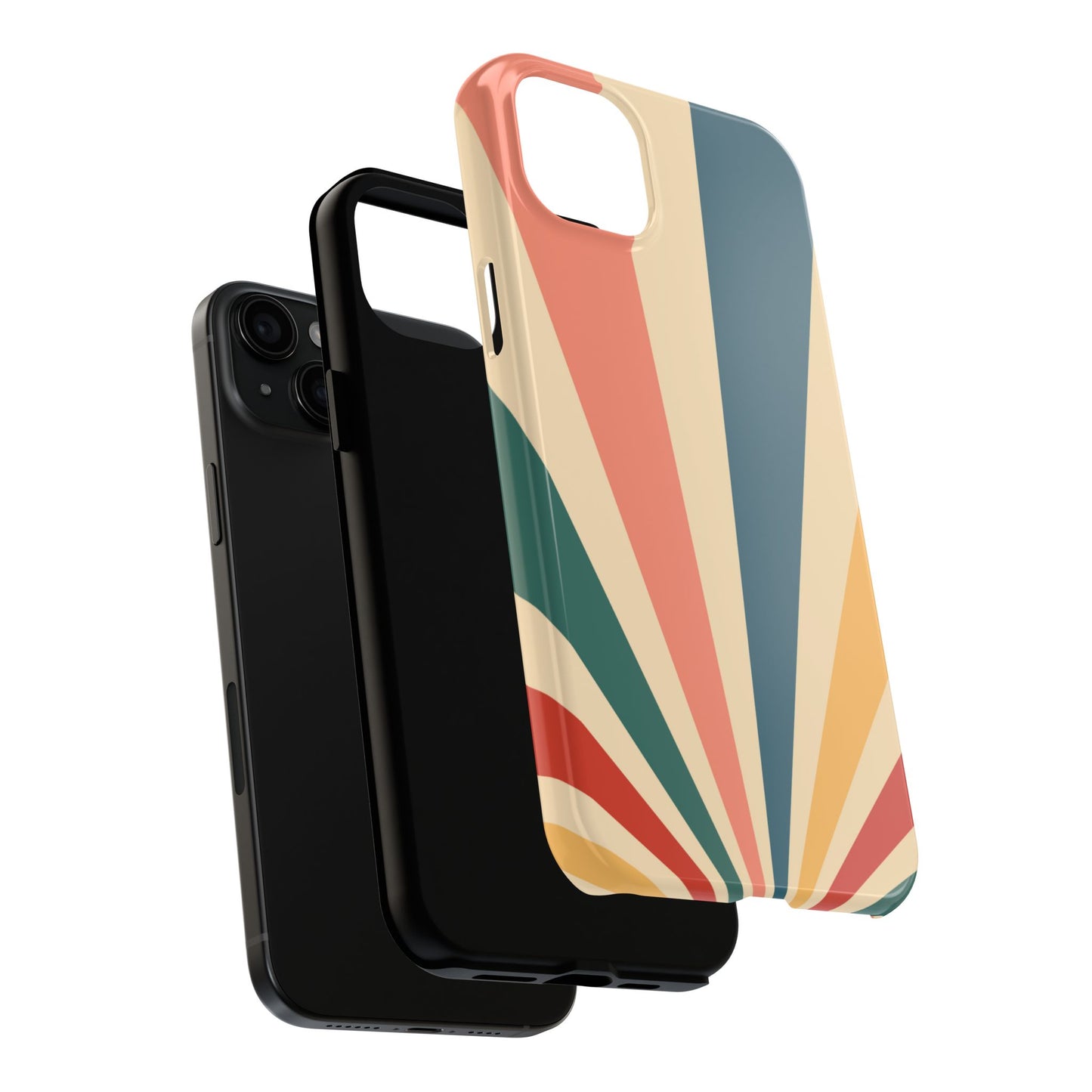 Retro Sunbeam iPhone Case – 70s-Inspired Radiating Stripes in Coral, Teal, and Mustard