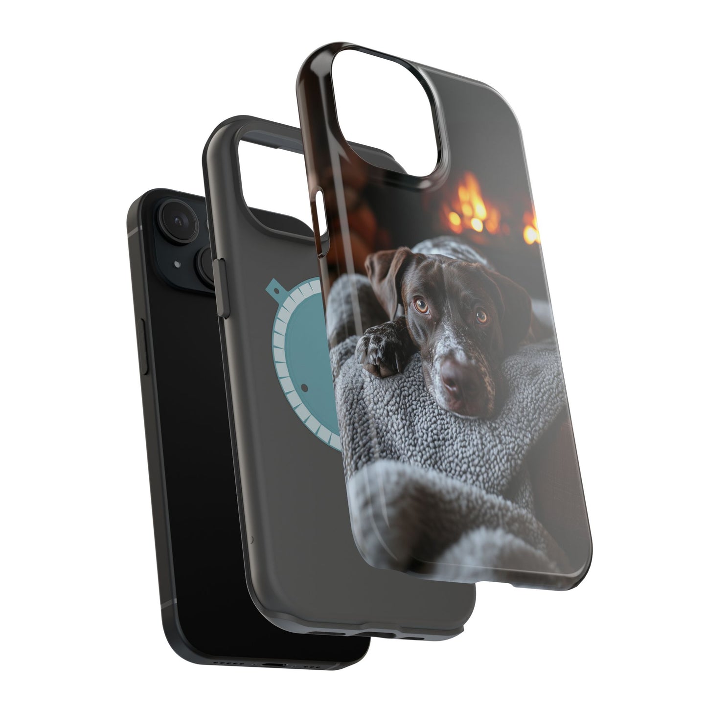 Cozy German Shorthaired Pointer MagSafe iPhone Case – Rustic Fireplace Protective Cover