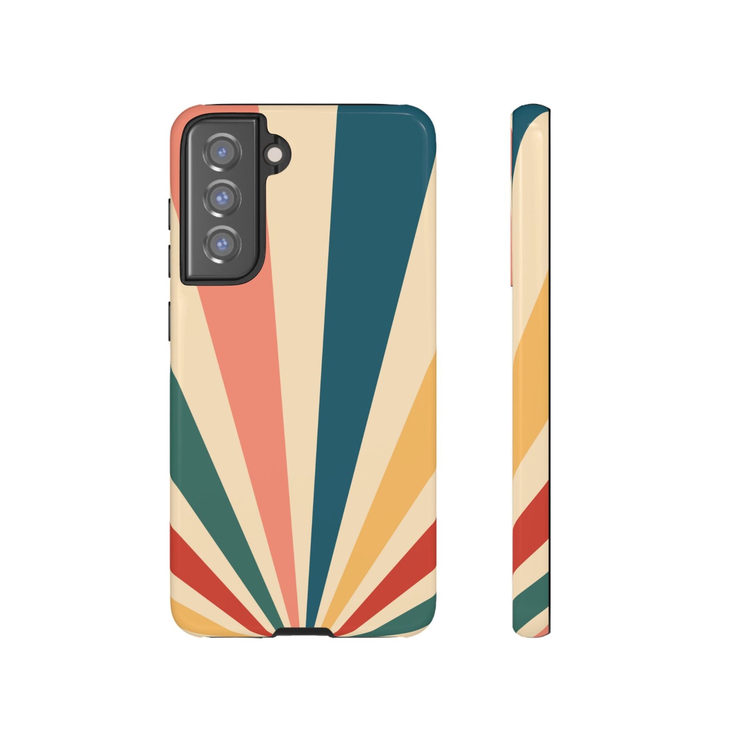 Retro Sunbeam Samsung Galaxy Case – 70s-Inspired Radiating Stripes in Coral, Teal, and Mustard