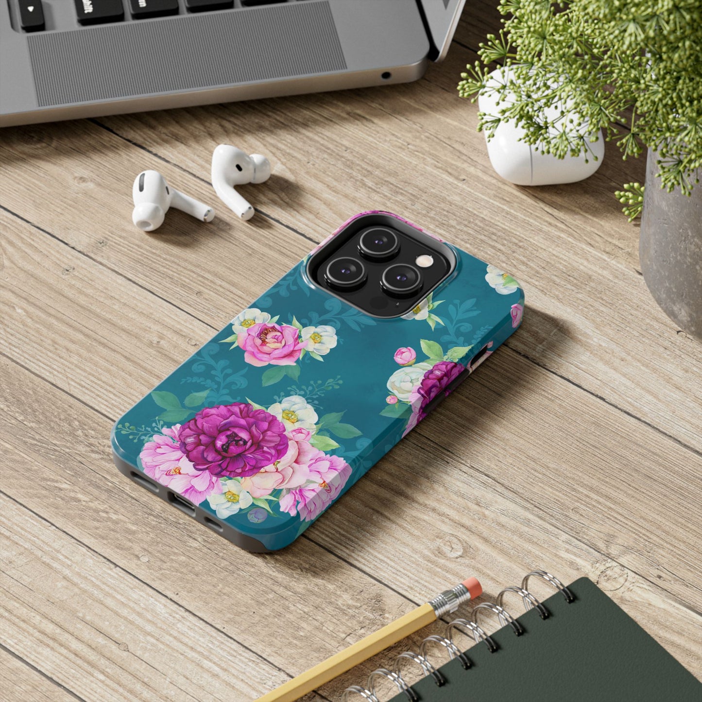 Elegant Peony Bouquet iPhone Case – Deep Teal Background with Romantic Floral Design