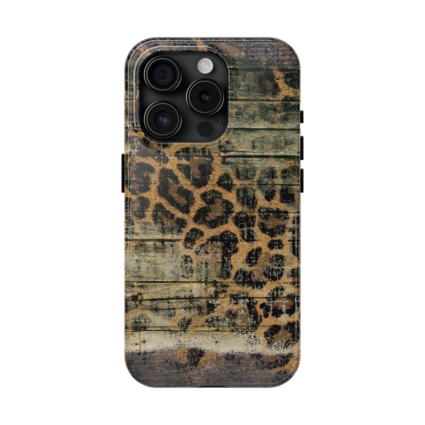 Rustic Wood and Leopard Print Tough iPhone Case – Distressed Western Design with Dual-Layer Protection
