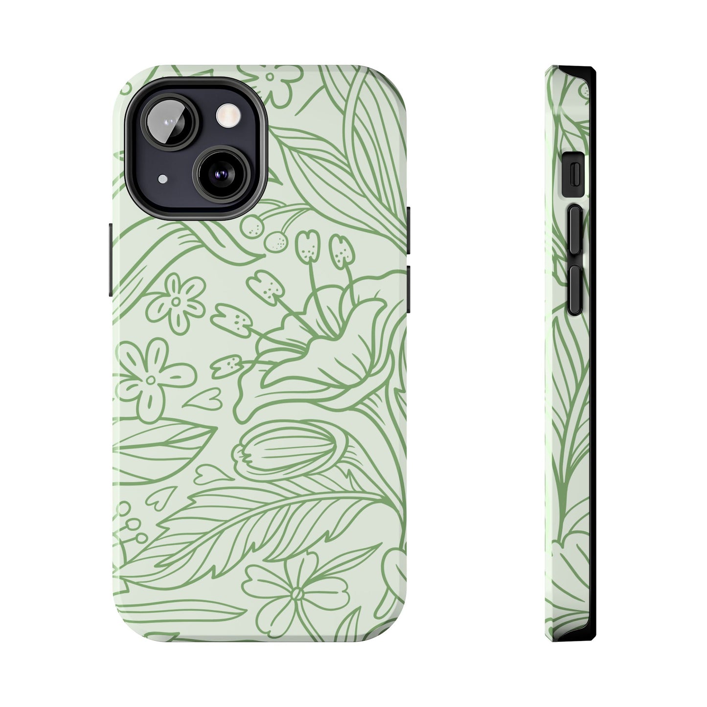 Sage Green Floral Line Art Tough iPhone Case – Minimalist Botanical Design with Dual-Layer Protection