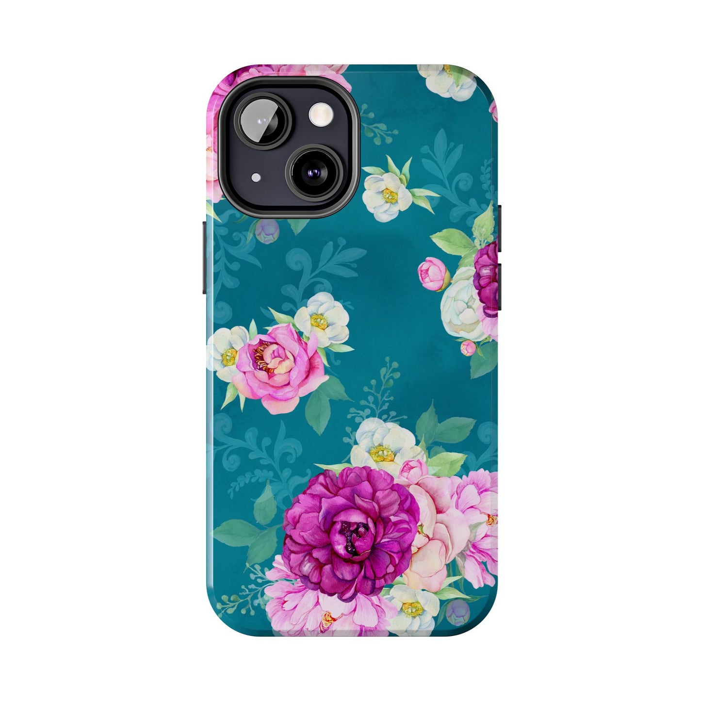 Elegant Peony Bouquet iPhone Case – Deep Teal Background with Romantic Floral Design