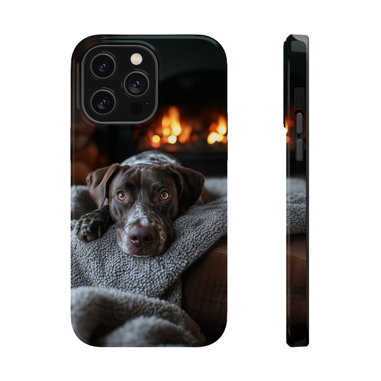 Cozy German Shorthaired Pointer MagSafe iPhone Case – Rustic Fireplace Protective Cover