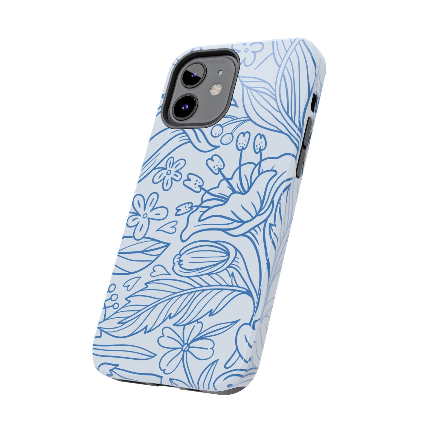 Dusty Blue Floral Line Art Tough iPhone Case – Minimalist Botanical Design with Dual-Layer Protection