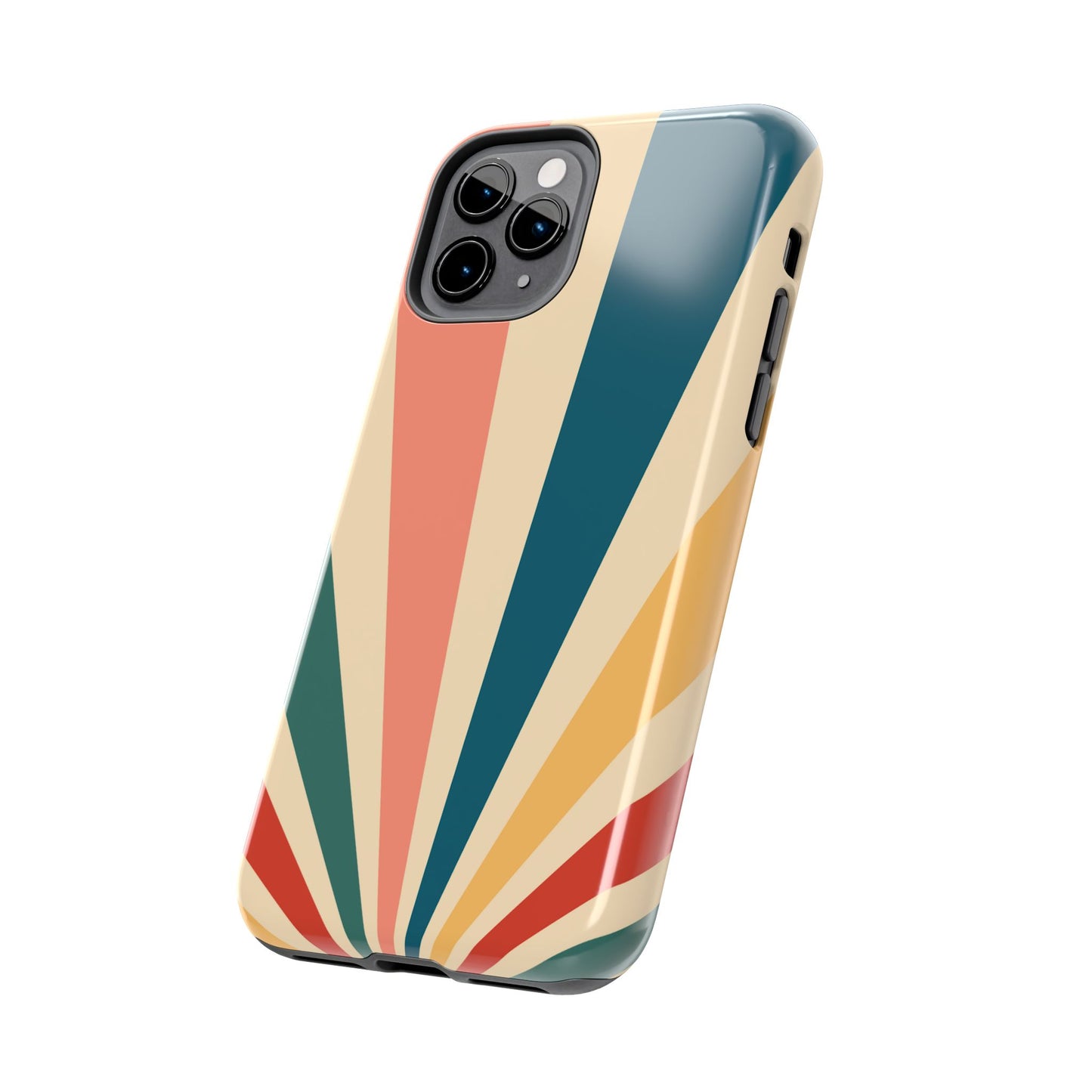 Retro Sunbeam iPhone Case – 70s-Inspired Radiating Stripes in Coral, Teal, and Mustard