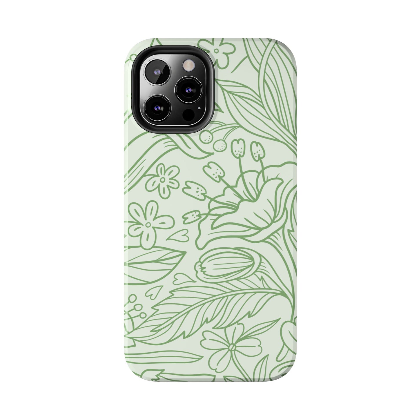 Sage Green Floral Line Art Tough iPhone Case – Minimalist Botanical Design with Dual-Layer Protection