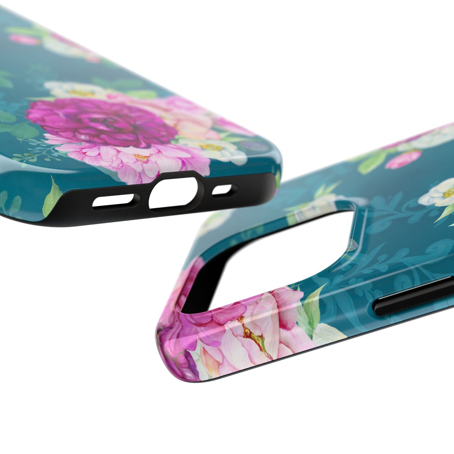 Elegant Peony Bouquet iPhone Case – Deep Teal Background with Romantic Floral Design