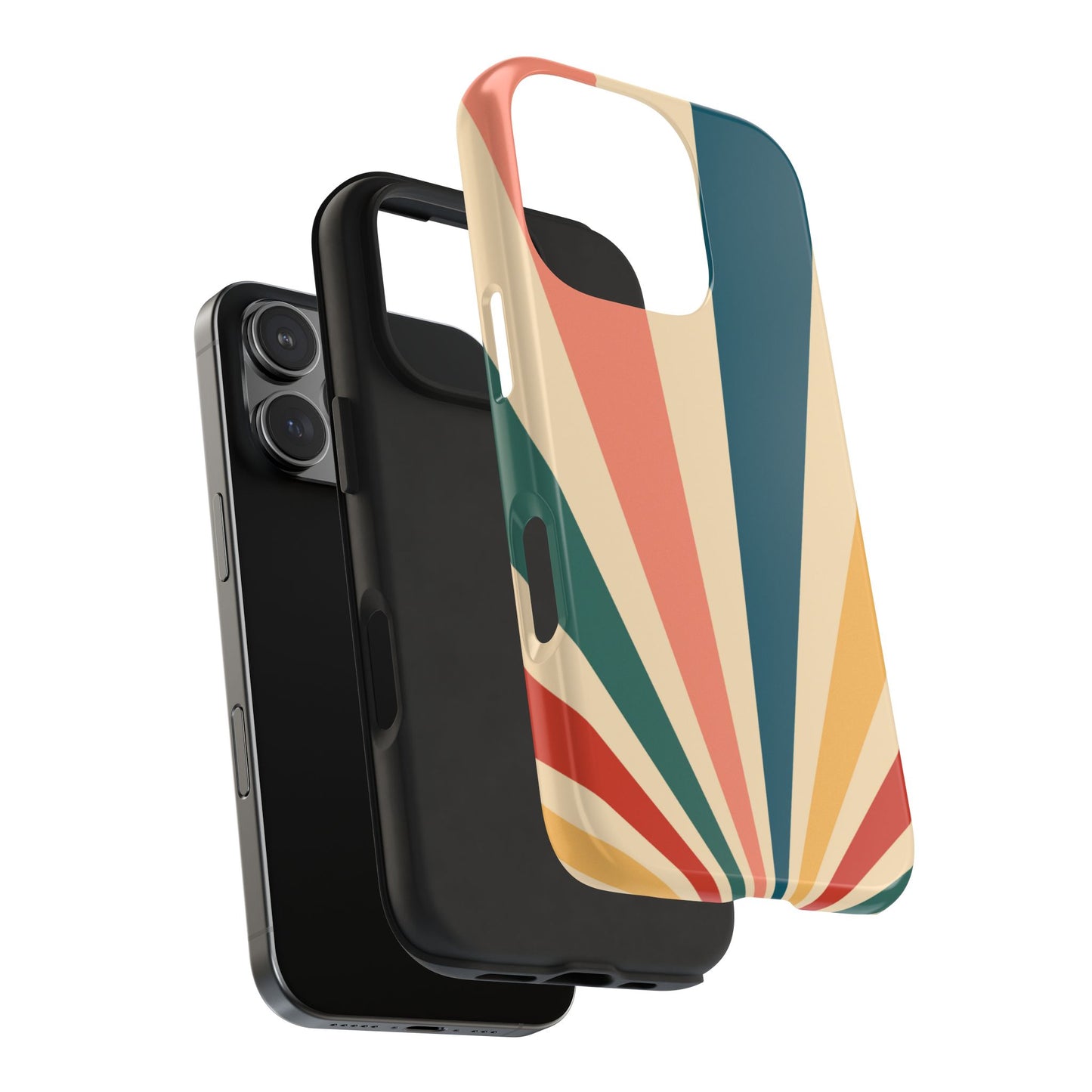 Retro Sunbeam iPhone Case – 70s-Inspired Radiating Stripes in Coral, Teal, and Mustard