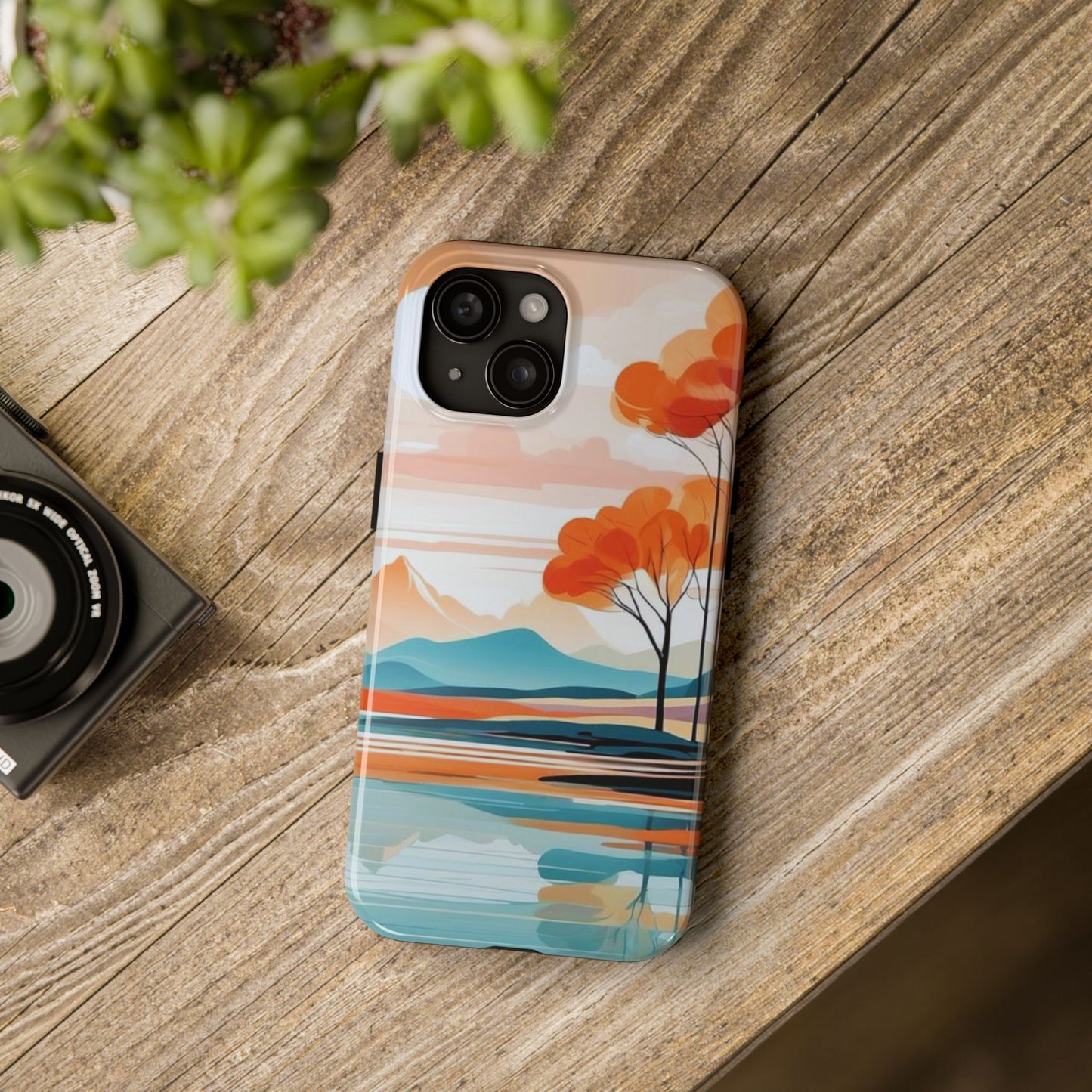 Serene Sunset Lake iPhone Case – Minimalist Landscape Art, Dual-Layer Protection