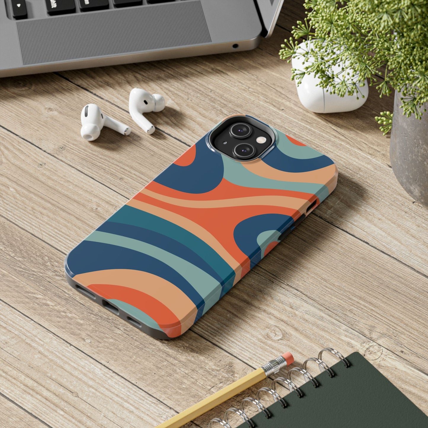 Retro Vibe Wavy Stripes iPhone Case – 70s-Inspired in Teal, Orange, and Rust