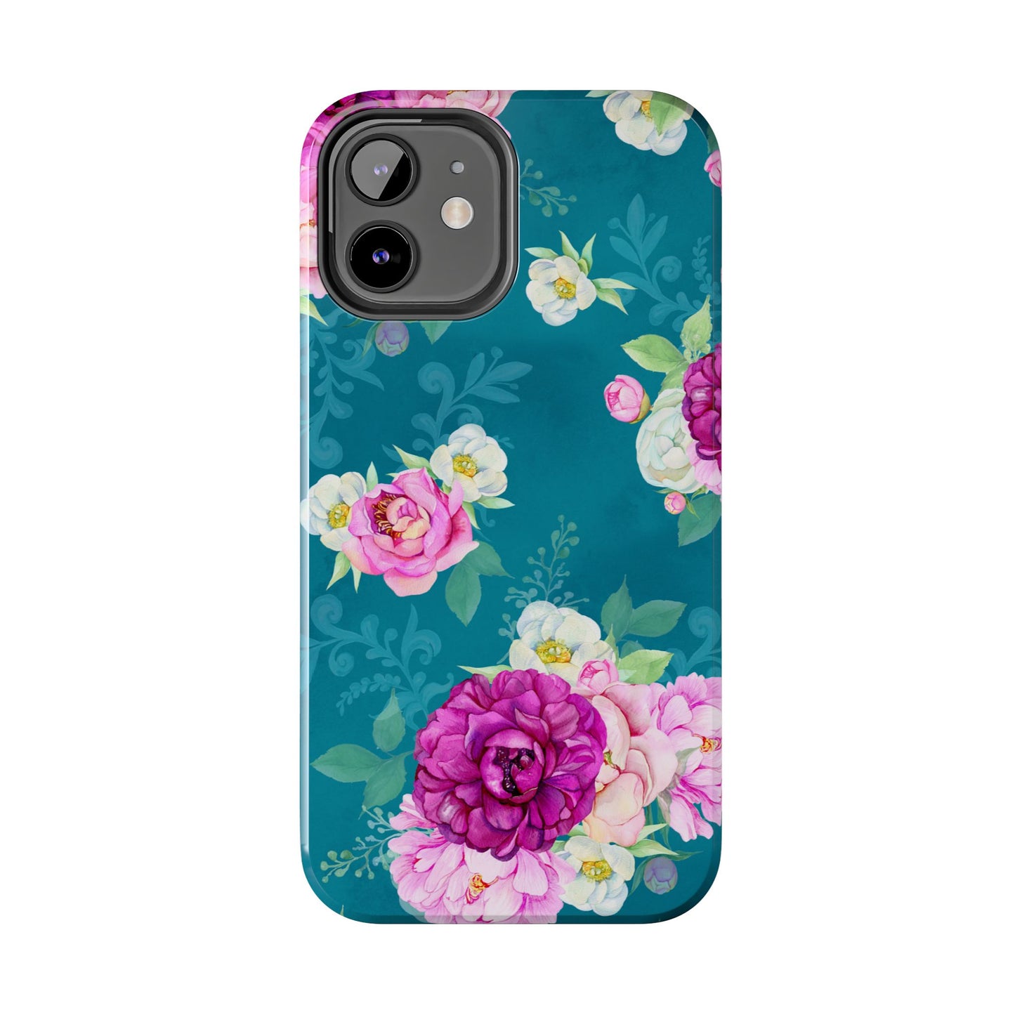 Elegant Peony Bouquet iPhone Case – Deep Teal Background with Romantic Floral Design