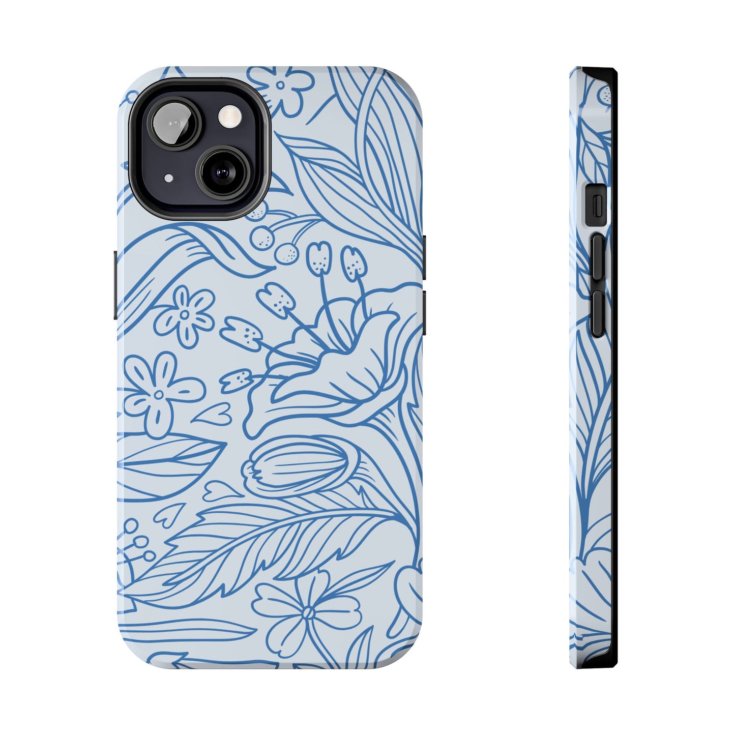 Dusty Blue Floral Line Art Tough iPhone Case – Minimalist Botanical Design with Dual-Layer Protection