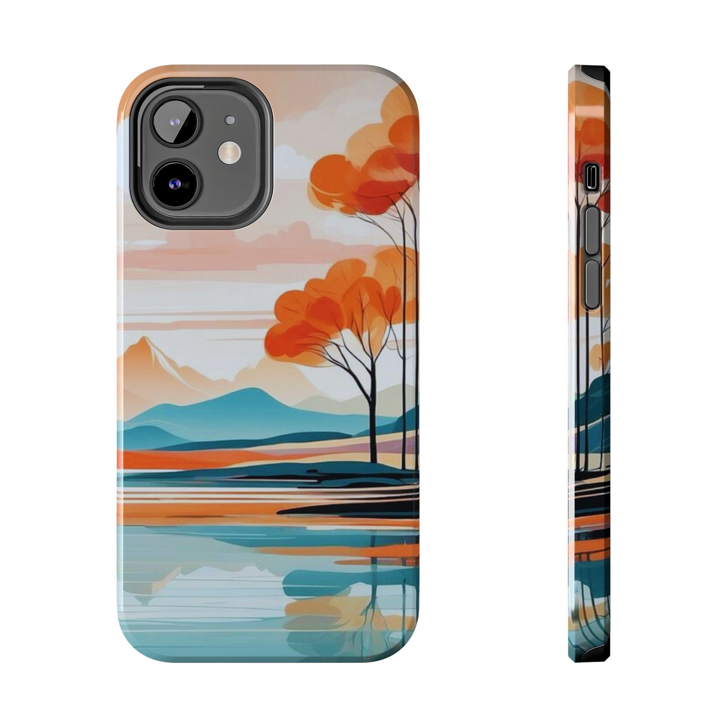 Serene Sunset Lake iPhone Case – Minimalist Landscape Art, Dual-Layer Protection