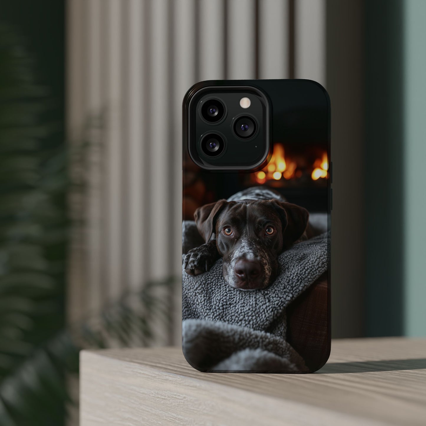 Cozy German Shorthaired Pointer MagSafe iPhone Case – Rustic Fireplace Protective Cover