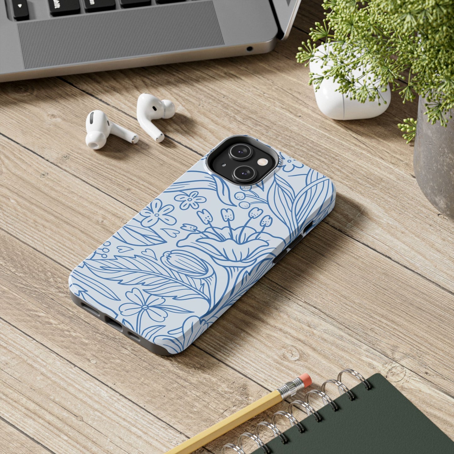 Dusty Blue Floral Line Art Tough iPhone Case – Minimalist Botanical Design with Dual-Layer Protection
