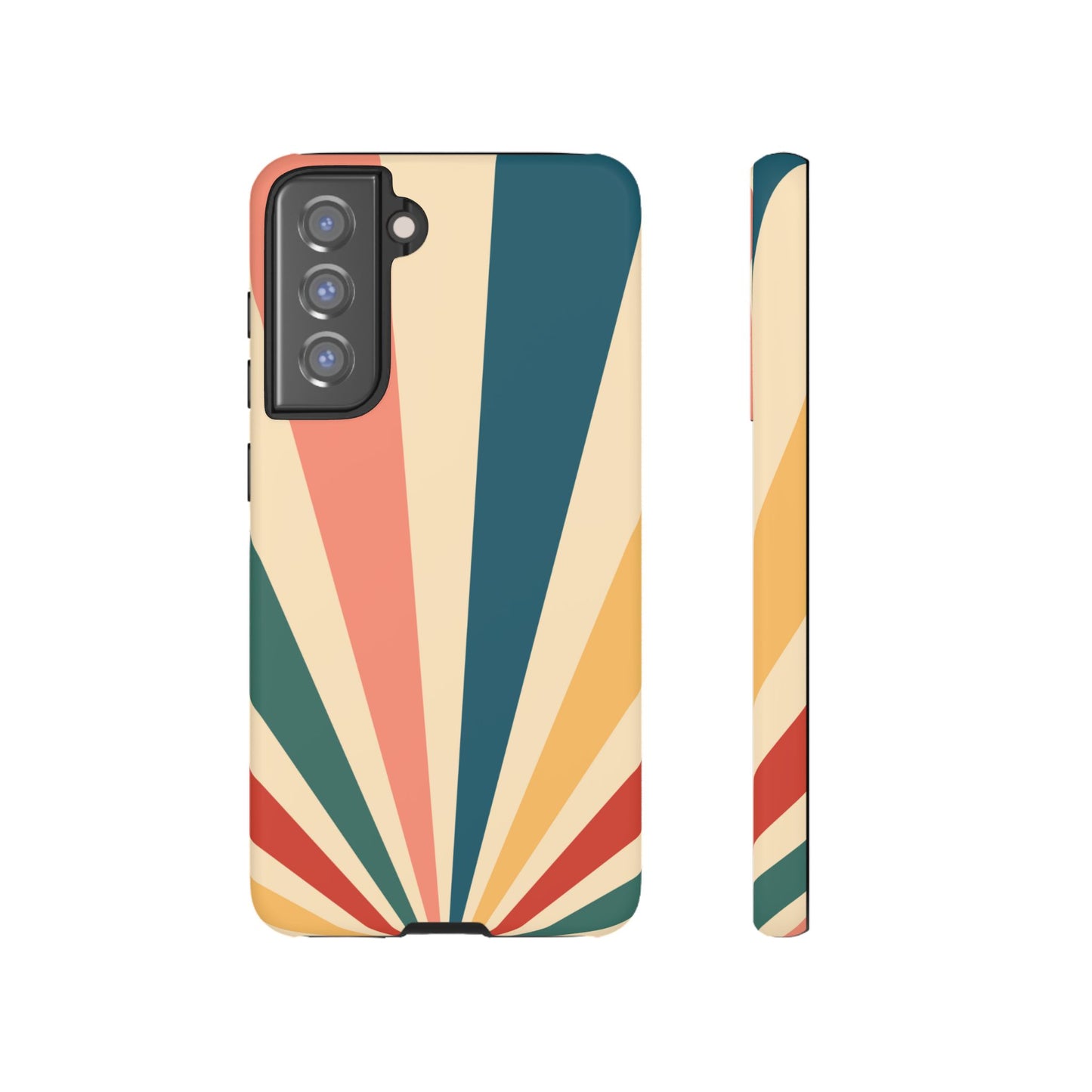 Retro Sunbeam Samsung Galaxy Case – 70s-Inspired Radiating Stripes in Coral, Teal, and Mustard