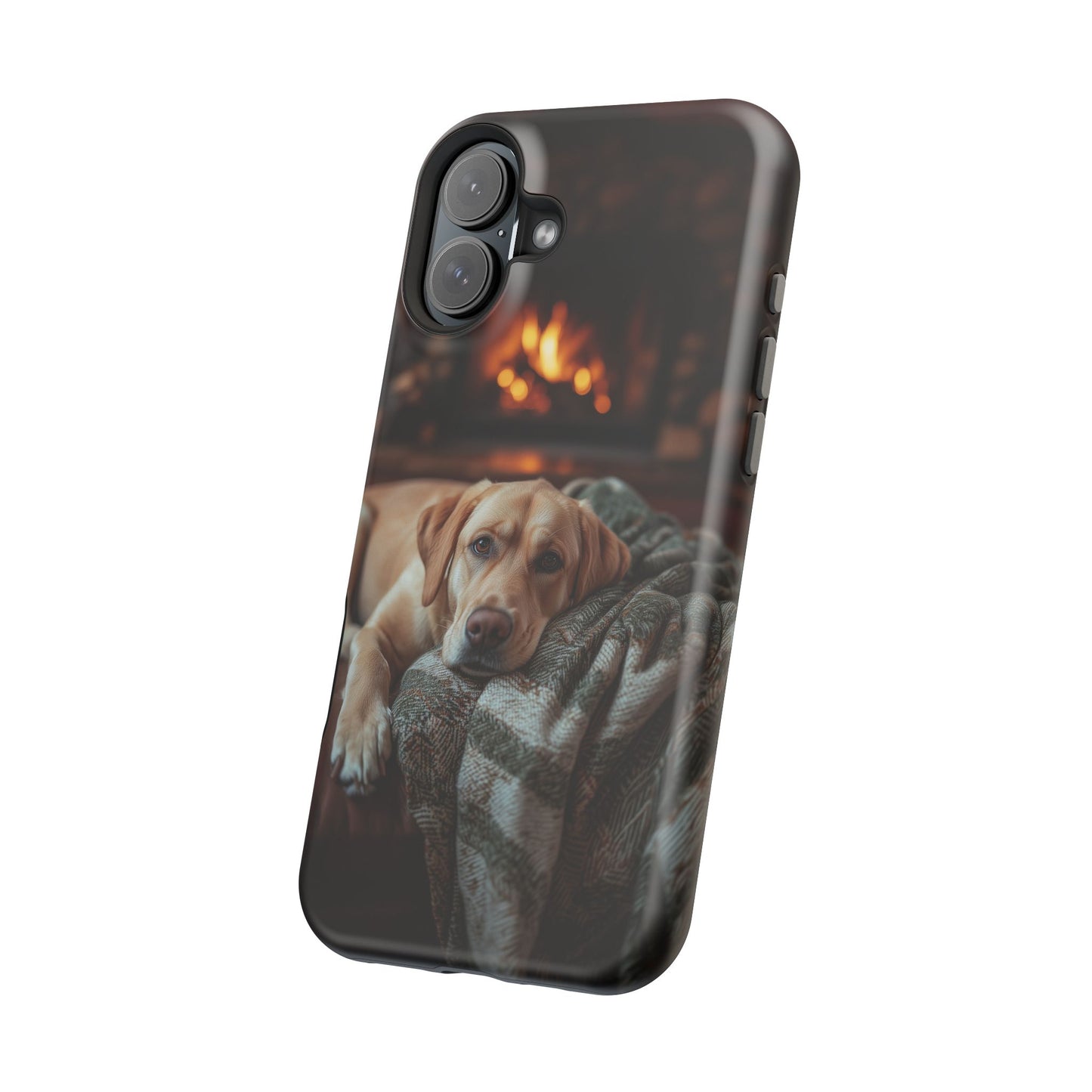 Cozy Labrador by Fireplace MagSafe iPhone Case – Rustic Cabin Protective Cover