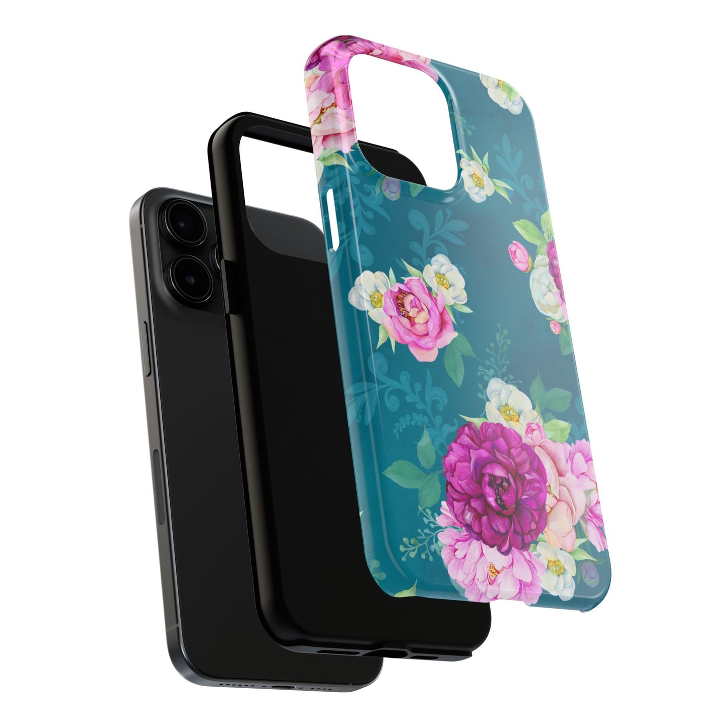 Elegant Peony Bouquet iPhone Case – Deep Teal Background with Romantic Floral Design