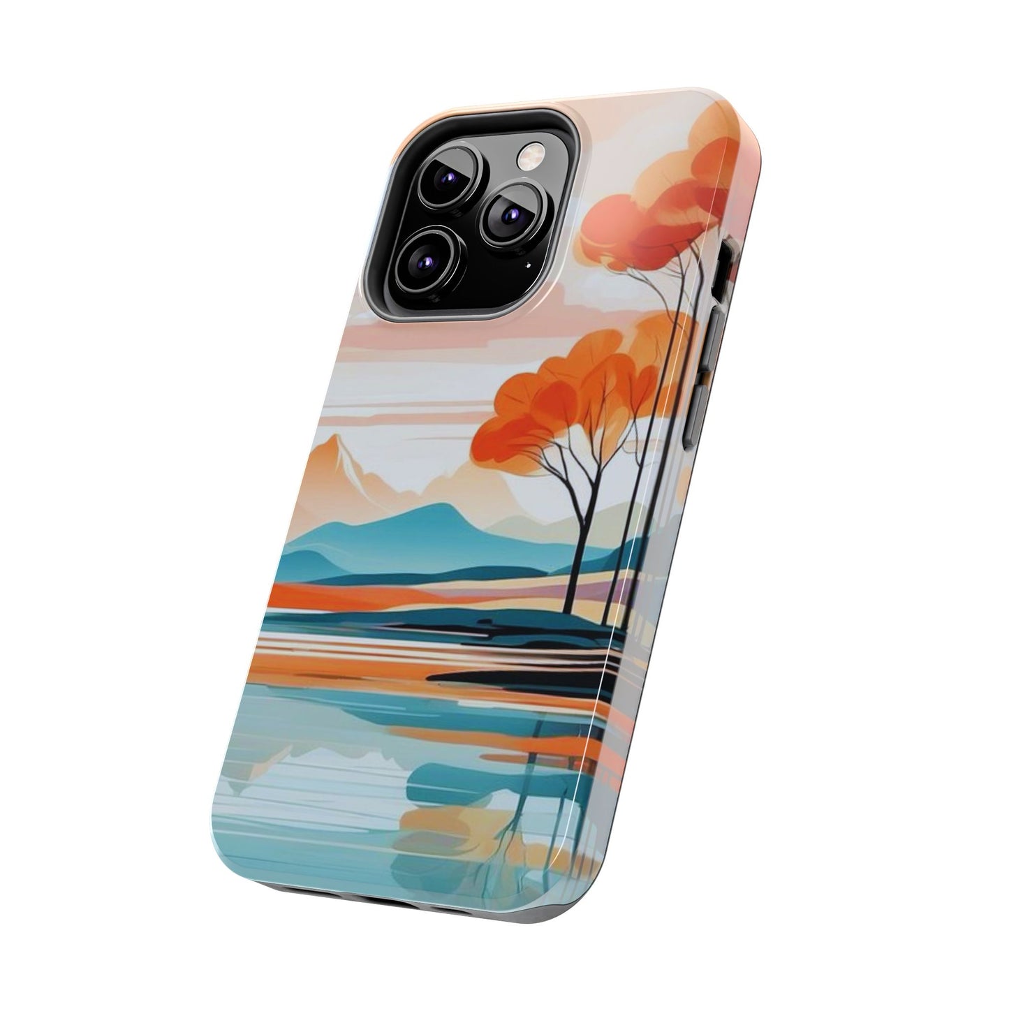 Serene Sunset Lake iPhone Case – Minimalist Landscape Art, Dual-Layer Protection
