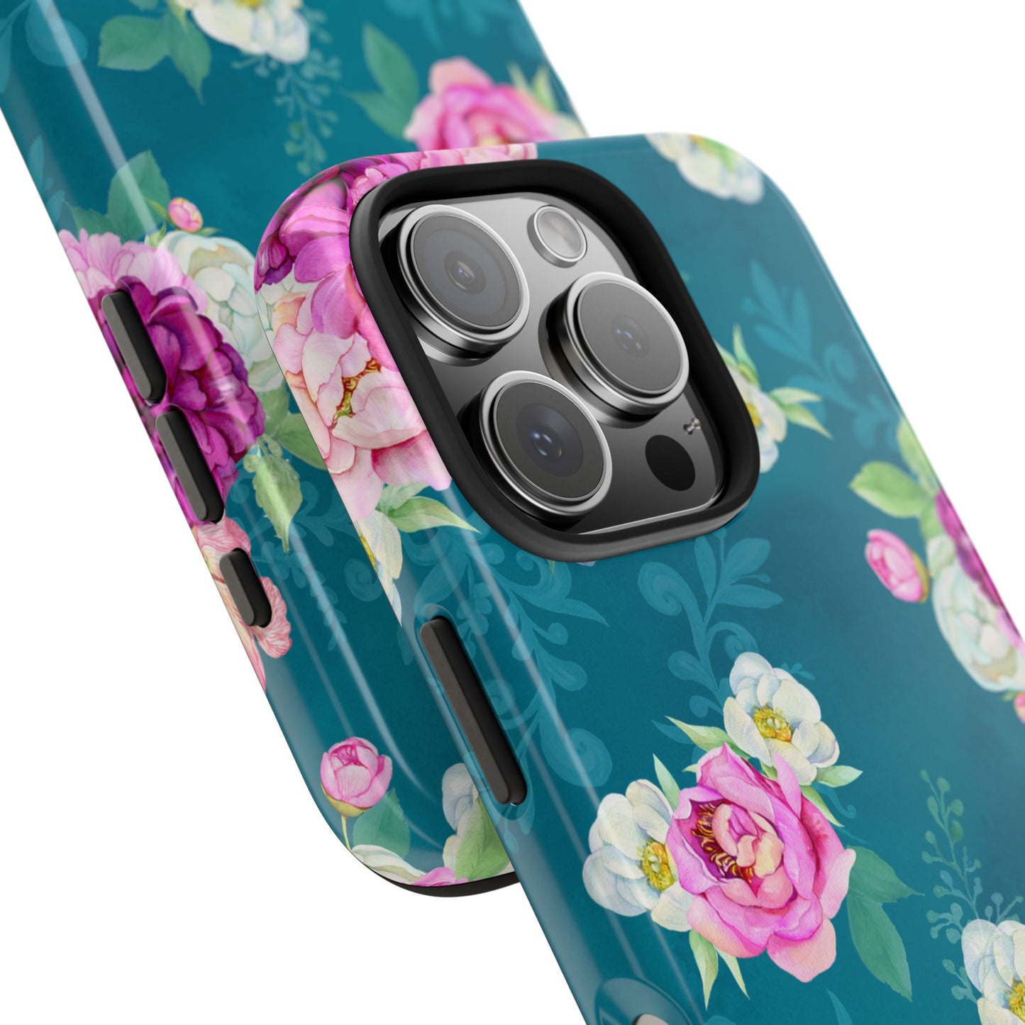 Elegant Peony Bouquet iPhone Case – Deep Teal Background with Romantic Floral Design