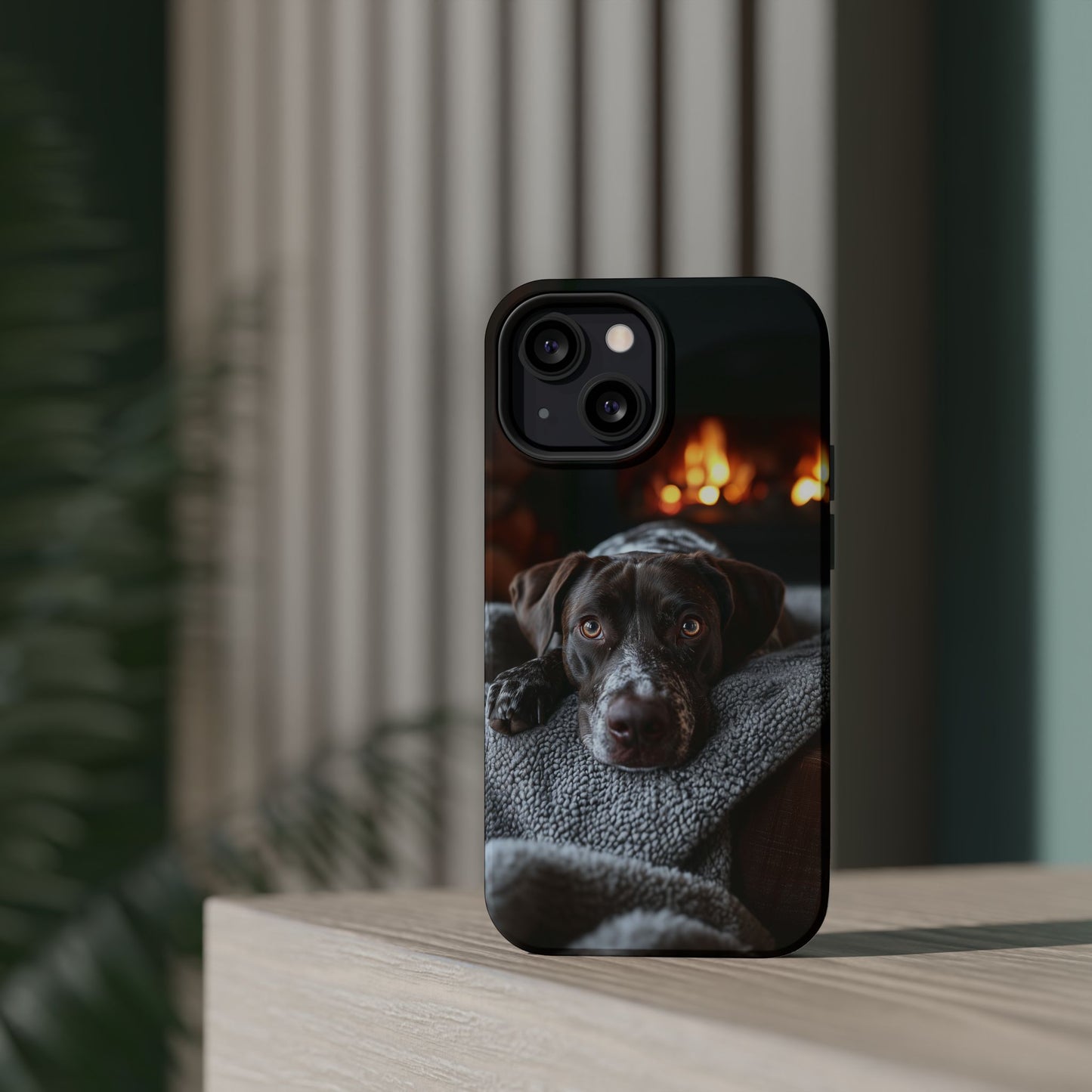 Cozy German Shorthaired Pointer MagSafe iPhone Case – Rustic Fireplace Protective Cover
