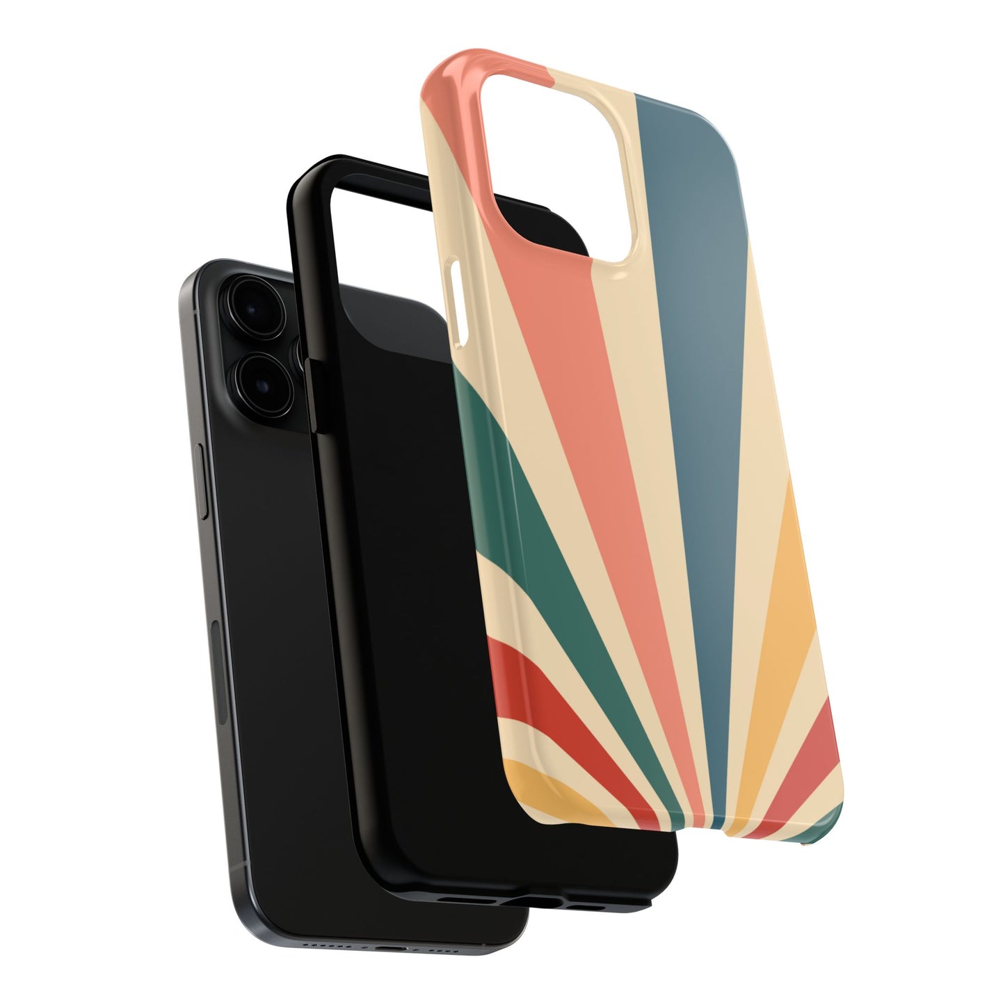 Retro Sunbeam iPhone Case – 70s-Inspired Radiating Stripes in Coral, Teal, and Mustard
