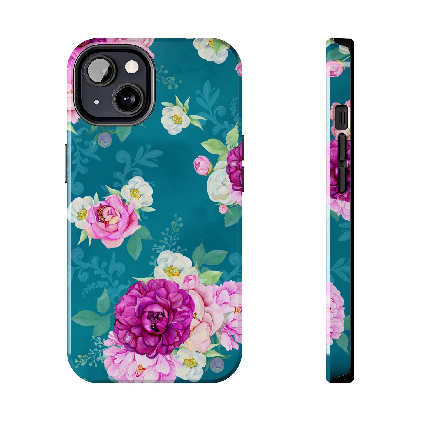 Elegant Peony Bouquet iPhone Case – Deep Teal Background with Romantic Floral Design