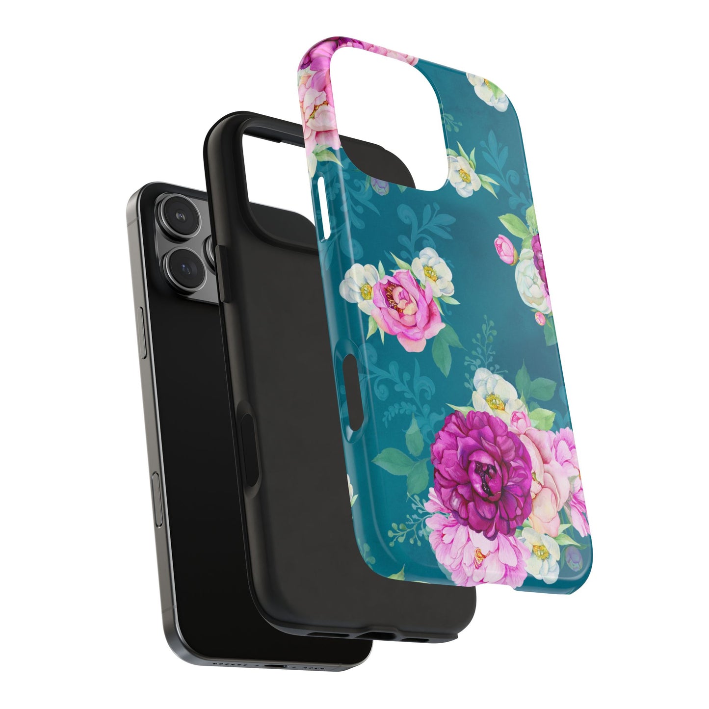 Elegant Peony Bouquet iPhone Case – Deep Teal Background with Romantic Floral Design