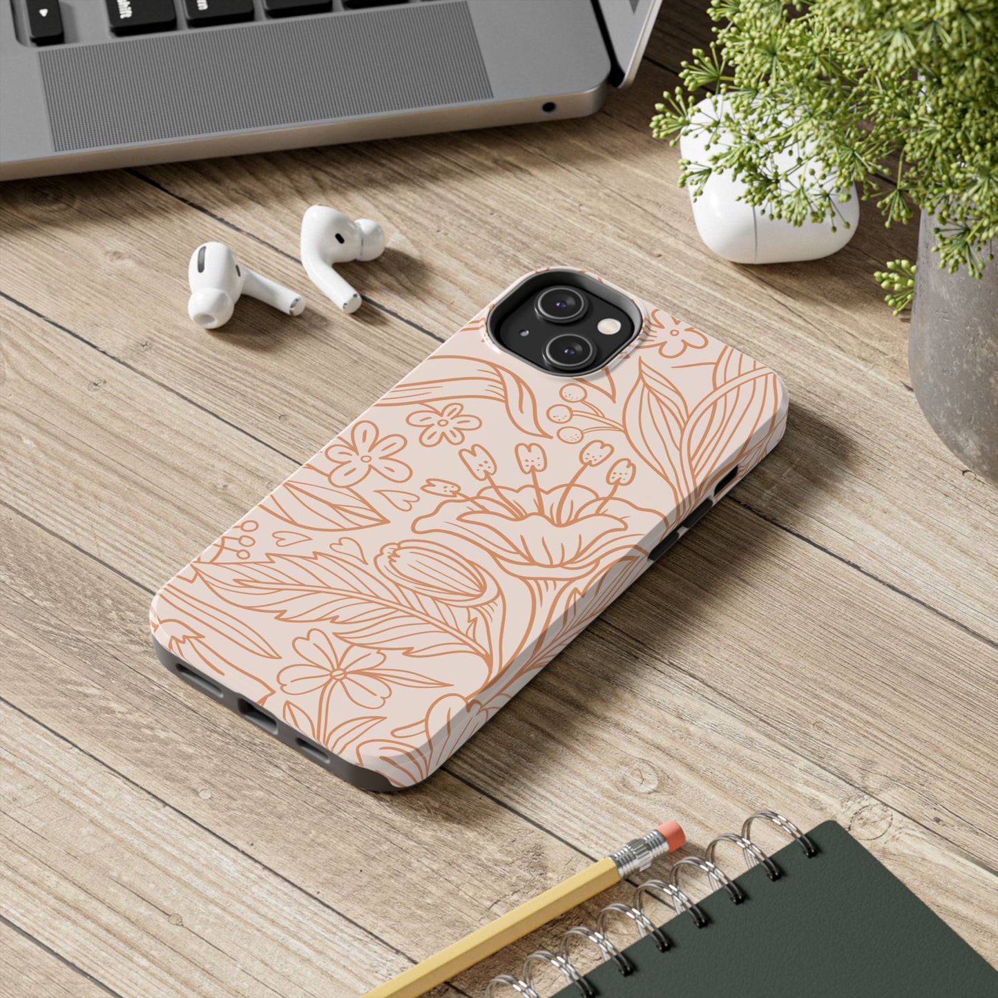 Soft Terracotta Floral Line Art Tough iPhone Case – Minimalist Botanical Design with Dual-Layer Protection