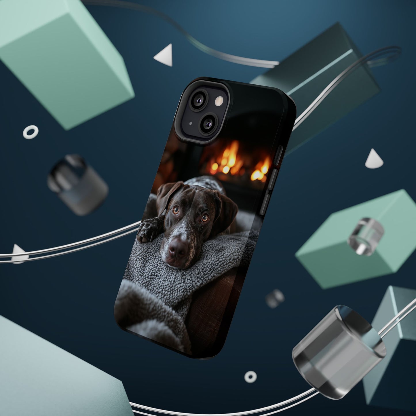 Cozy German Shorthaired Pointer MagSafe iPhone Case – Rustic Fireplace Protective Cover