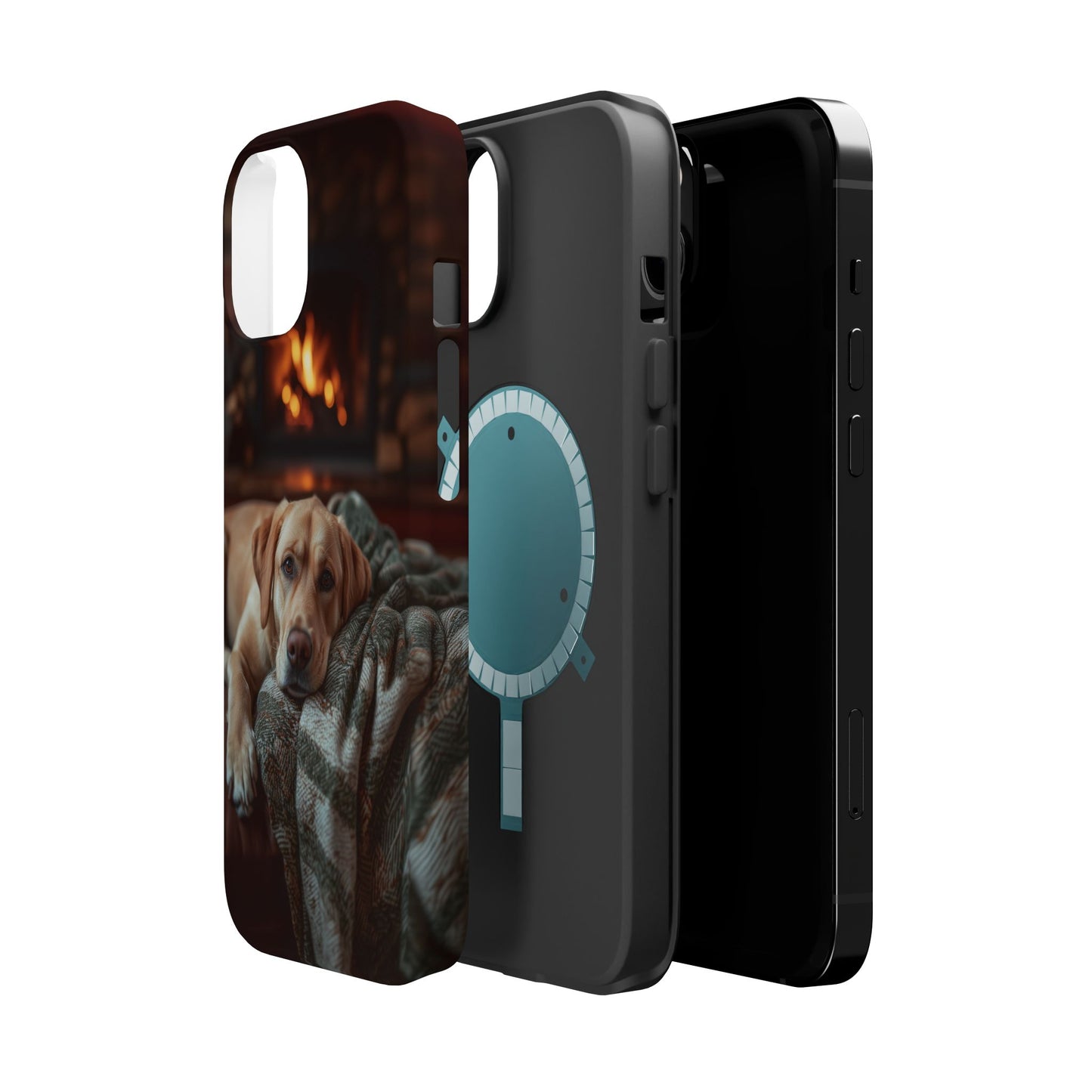 Cozy Labrador by Fireplace MagSafe iPhone Case – Rustic Cabin Protective Cover