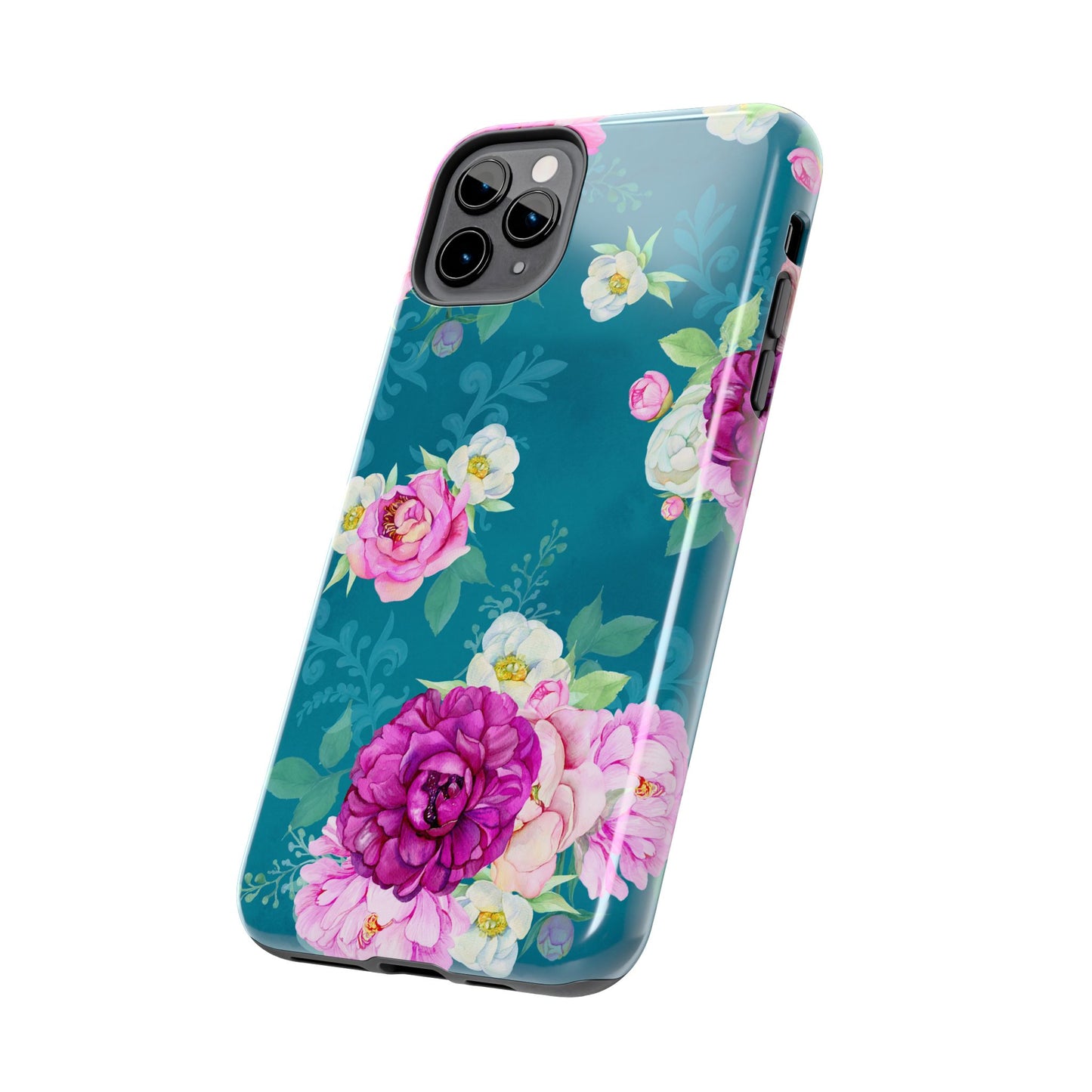Elegant Peony Bouquet iPhone Case – Deep Teal Background with Romantic Floral Design