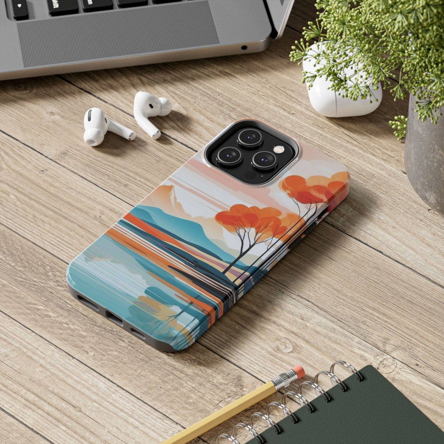 Serene Sunset Lake iPhone Case – Minimalist Landscape Art, Dual-Layer Protection