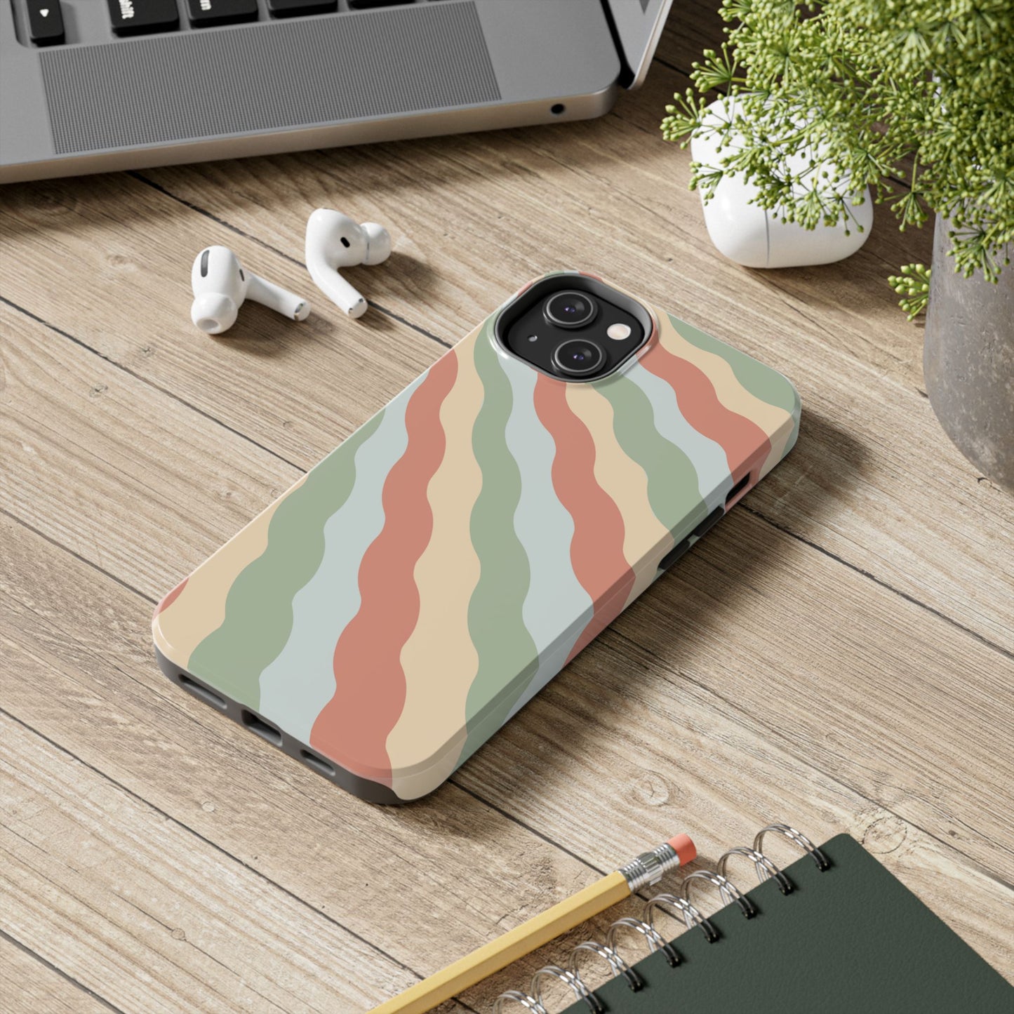 Earthy Retro Waves iPhone Case – 70s-Inspired Wavy Stripes in Soft Green, Cream, and Rust