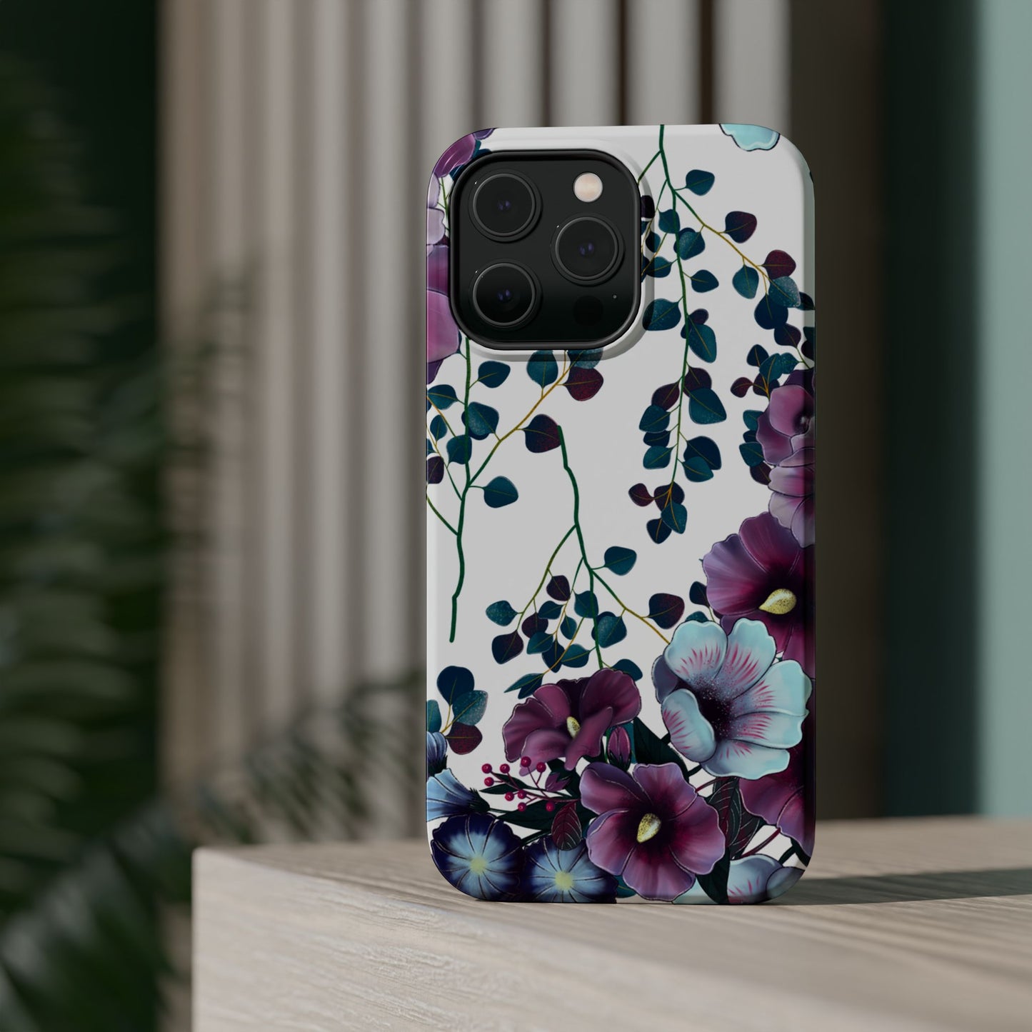 Moody Purple & Teal Floral MagSafe iPhone Series Case – Elegant Botanical Design