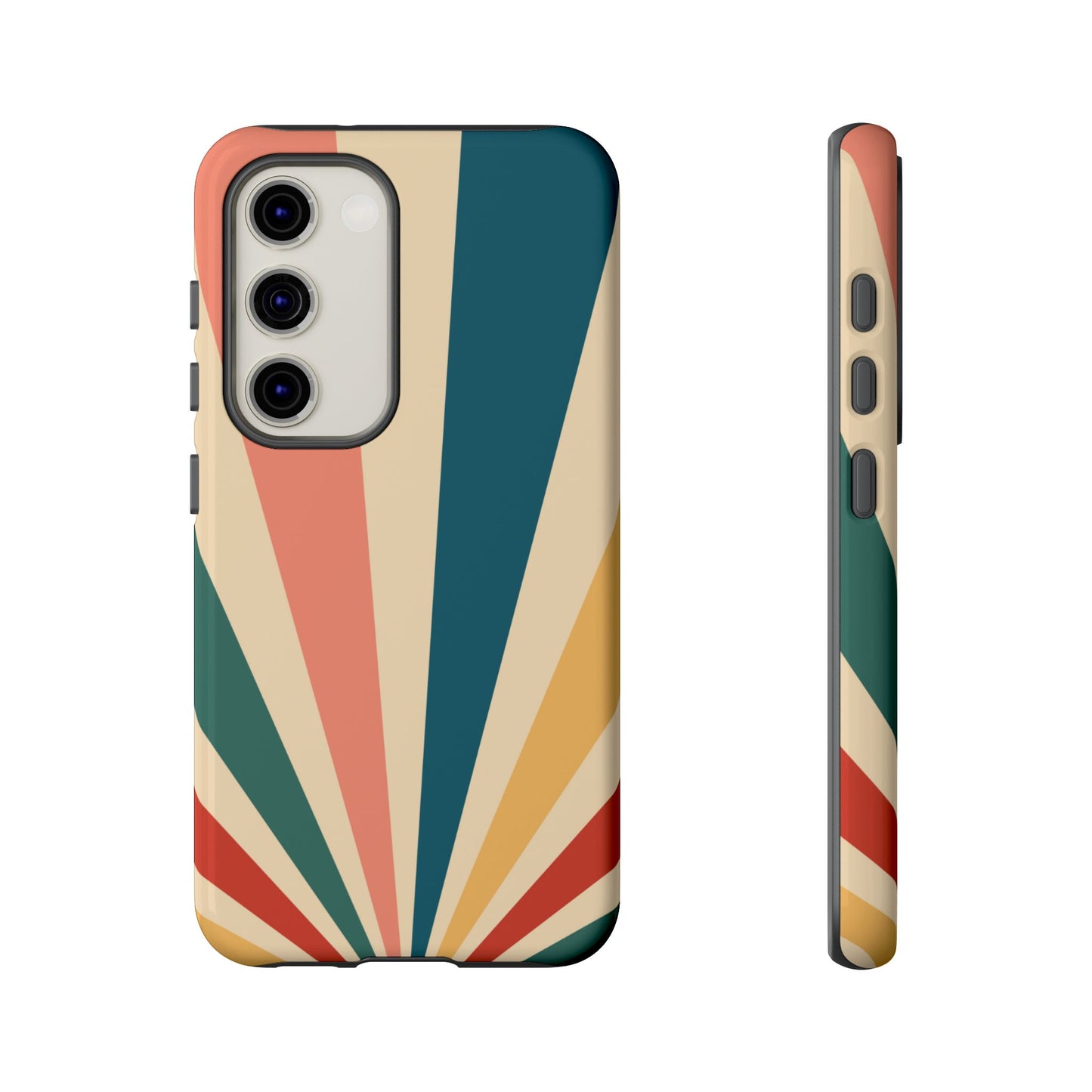 Retro Sunbeam Samsung Galaxy Case – 70s-Inspired Radiating Stripes in Coral, Teal, and Mustard