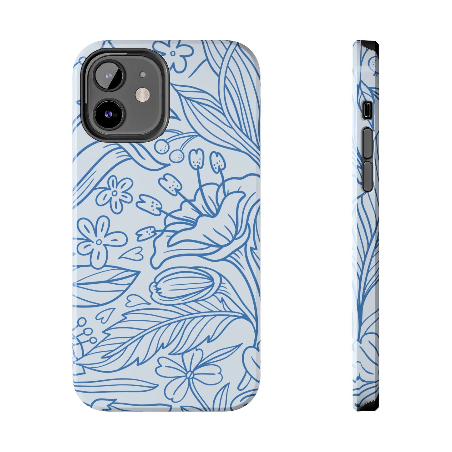 Dusty Blue Floral Line Art Tough iPhone Case – Minimalist Botanical Design with Dual-Layer Protection