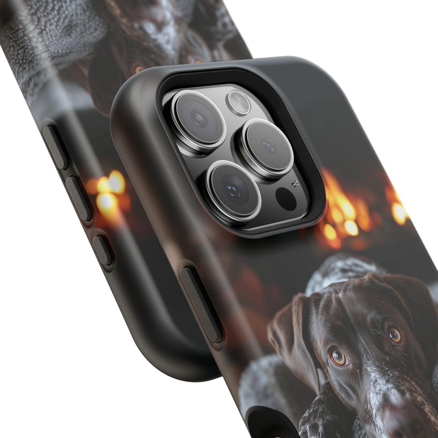 Cozy German Shorthaired Pointer MagSafe iPhone Case – Rustic Fireplace Protective Cover