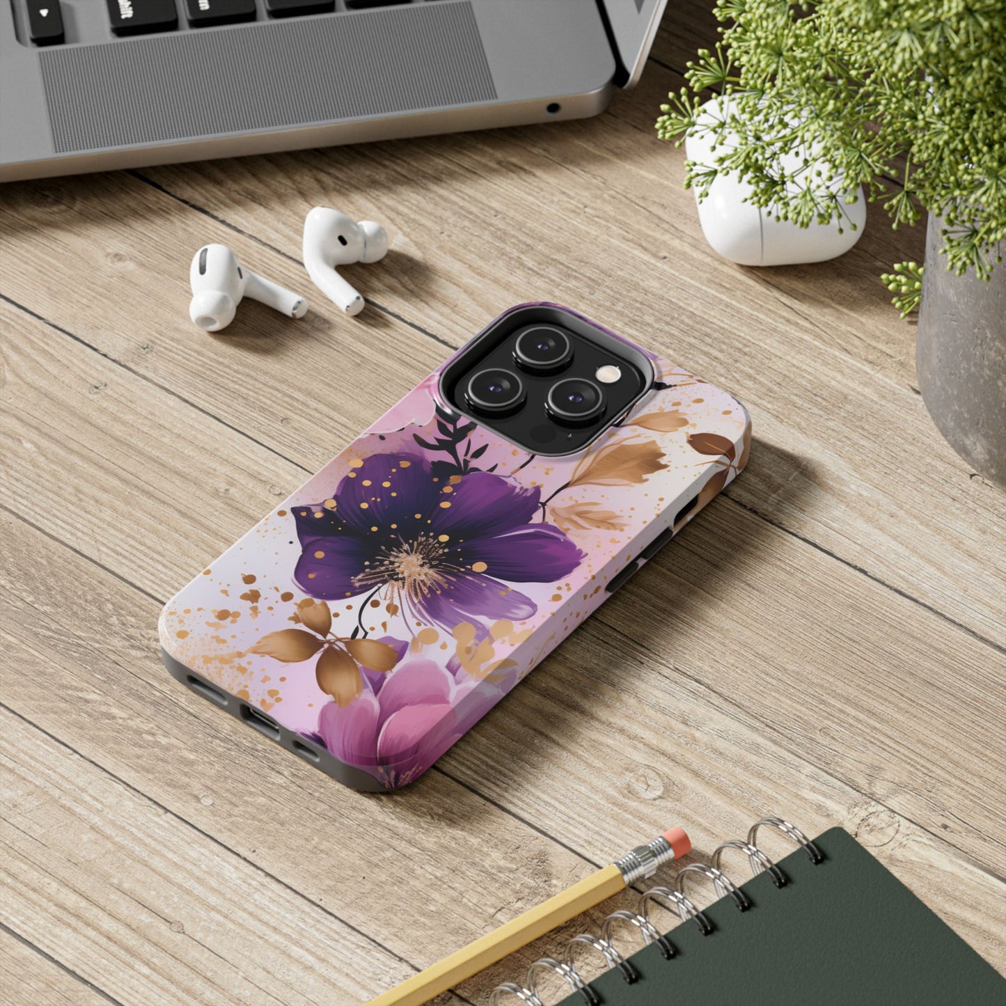 Elegant Purple & Gold Floral iPhone Case - Luxe Flower Design