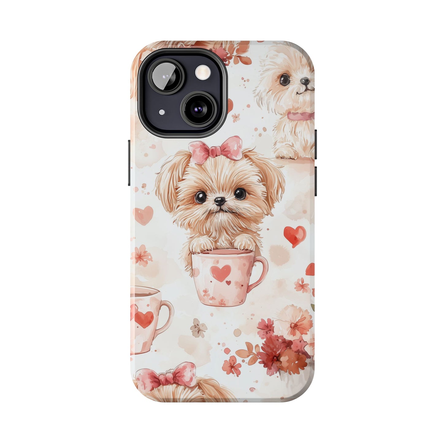 Puppies & Heart Mugs iPhone Case – Sweet Dog & Floral Design, Shockproof & Slim - BOGO Cases