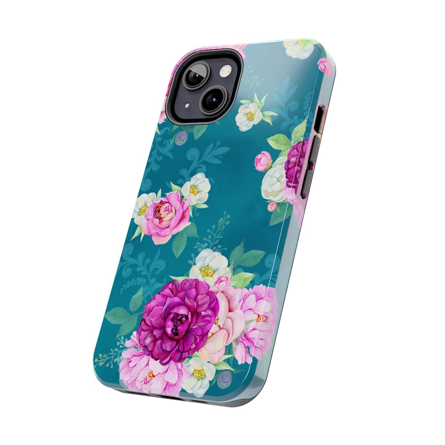 Elegant Peony Bouquet iPhone Case – Deep Teal Background with Romantic Floral Design