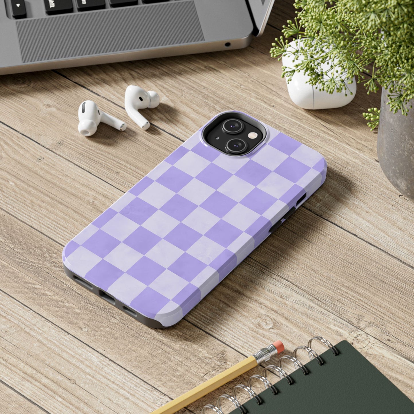 Lavender Checkerboard iPhone Case – Shockproof, Smooth Matte Finish, Dual-Layer Design