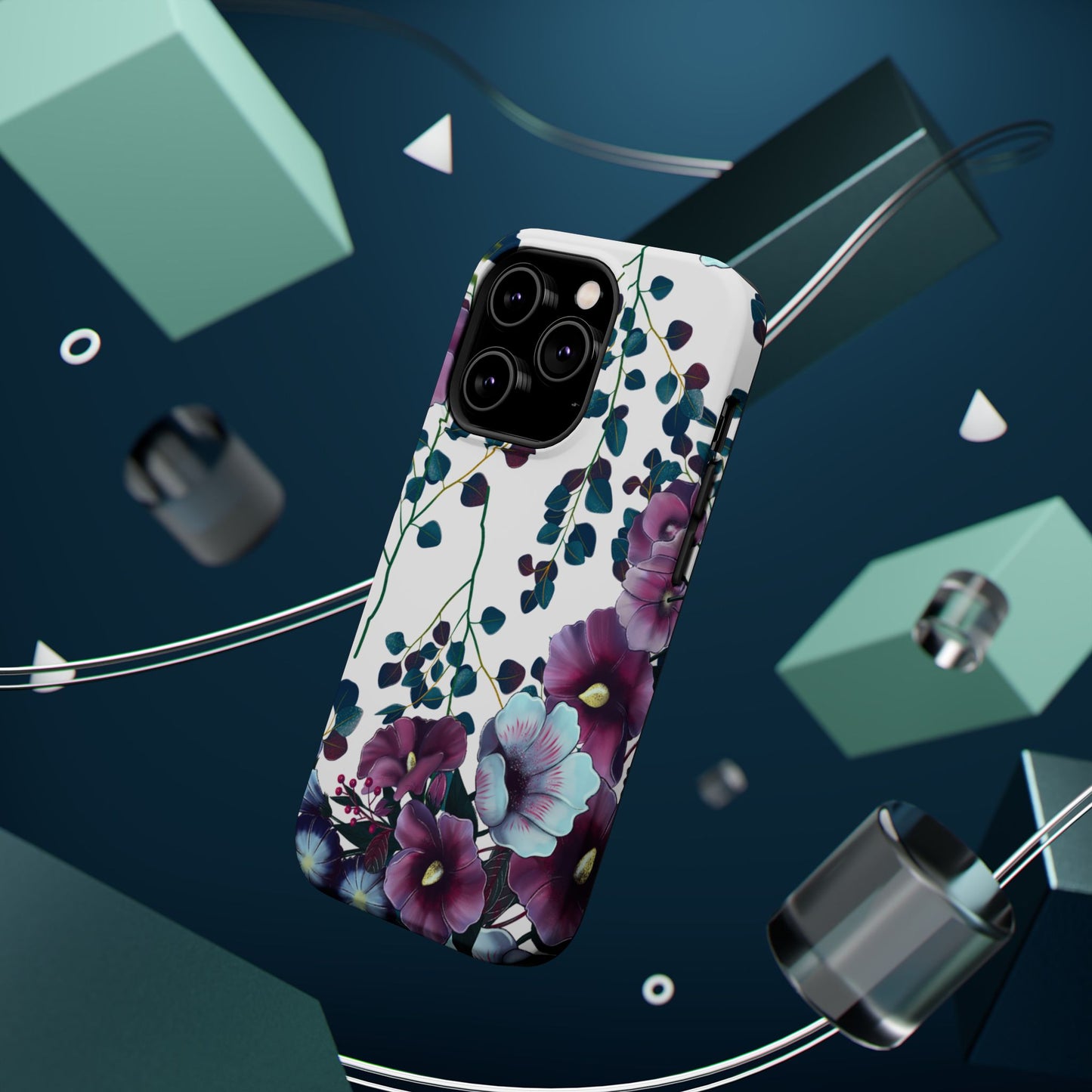 Moody Purple & Teal Floral MagSafe iPhone Series Case – Elegant Botanical Design