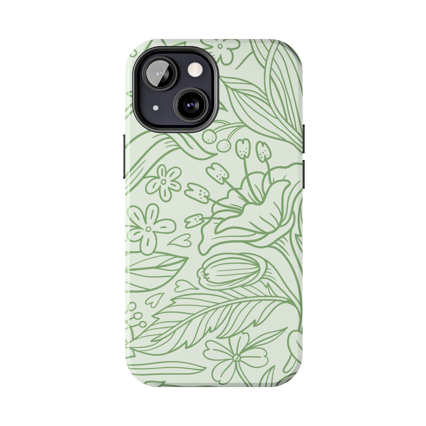 Sage Green Floral Line Art Tough iPhone Case – Minimalist Botanical Design with Dual-Layer Protection